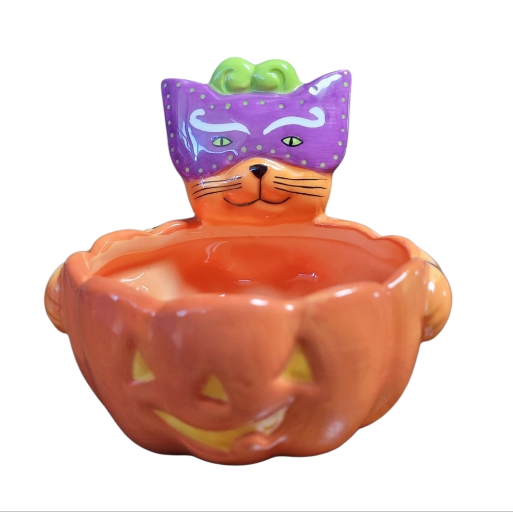 Maret Boston Warehouse Orange and Purple Cat Pumpkin Bowl Halloween